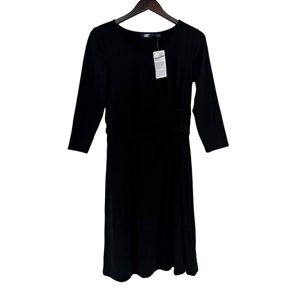 Lands End Womens Black Twist Front Fit Flare Dress 3/4 Sleeve Tencel Modal S 6-8